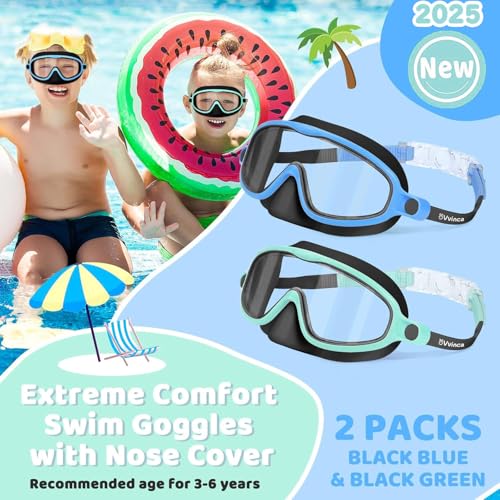 Vvinca 2 Pcs Kids-Swim-Goggles with Nose Cover, Swimming Diving Mask Wide View Anti Fog UV Anti Shattered Lens for Kids 3-5 - Image 3