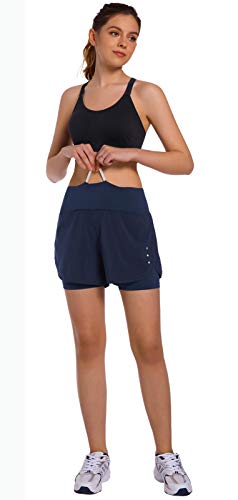 Ksmien Women's 2 in 1 Running Shorts - Lightweight Athletic Workout Gym Yoga Shorts Liner with Phone Pockets Navy Blue - Image 3
