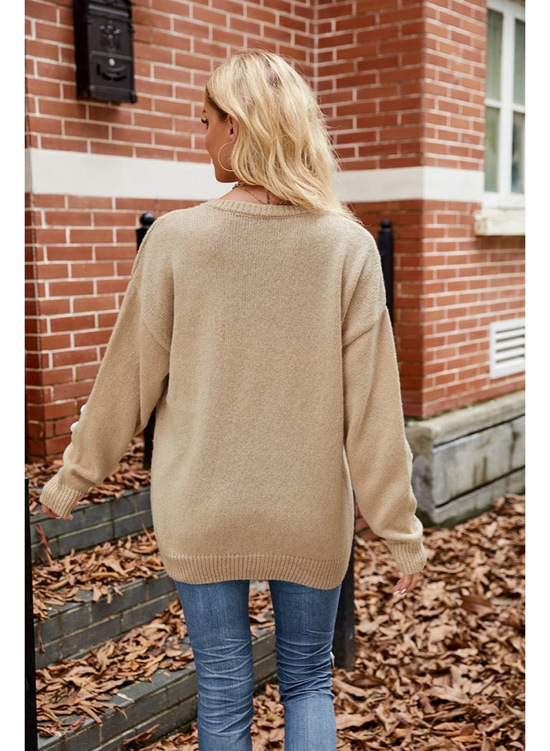 NIBEMINENT Women's Casual Long Sleeved Knitted Sweater Loose Coozy Round Neck 3D Flower Crochet Autumn Winter Sweater - Image 2