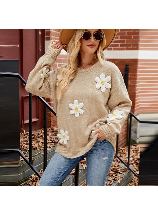 NIBEMINENT Women's Casual Long Sleeved Knitted Sweater Loose Coozy Round Neck 3D Flower Crochet Autumn Winter Sweater - Image 1
