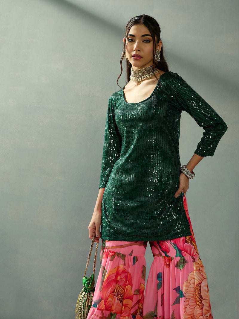 PRASHA Women Green Sequence Short Kurta With Sharara Pants - Image 2