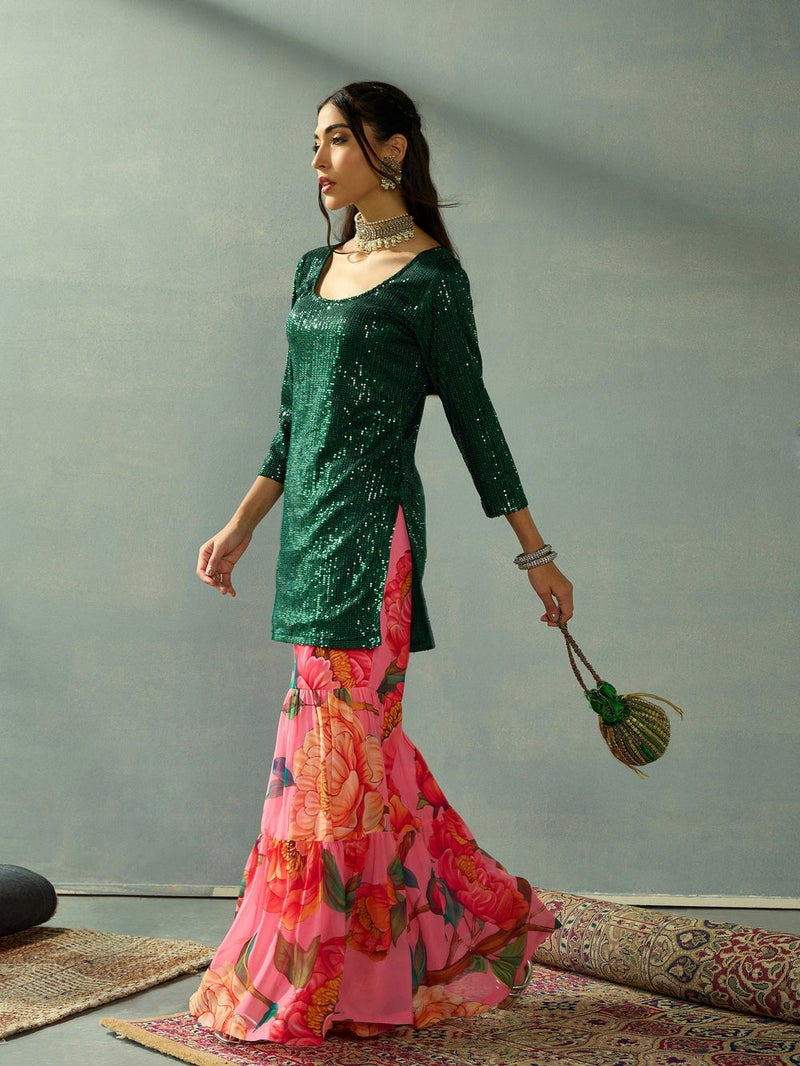 PRASHA Women Green Sequence Short Kurta With Sharara Pants - Image 3