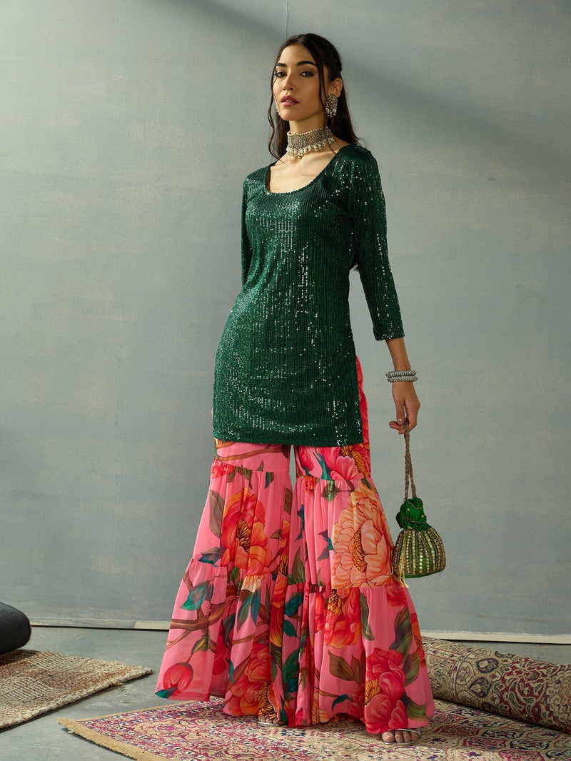 PRASHA Women Green Sequence Short Kurta With Sharara Pants - Image 1