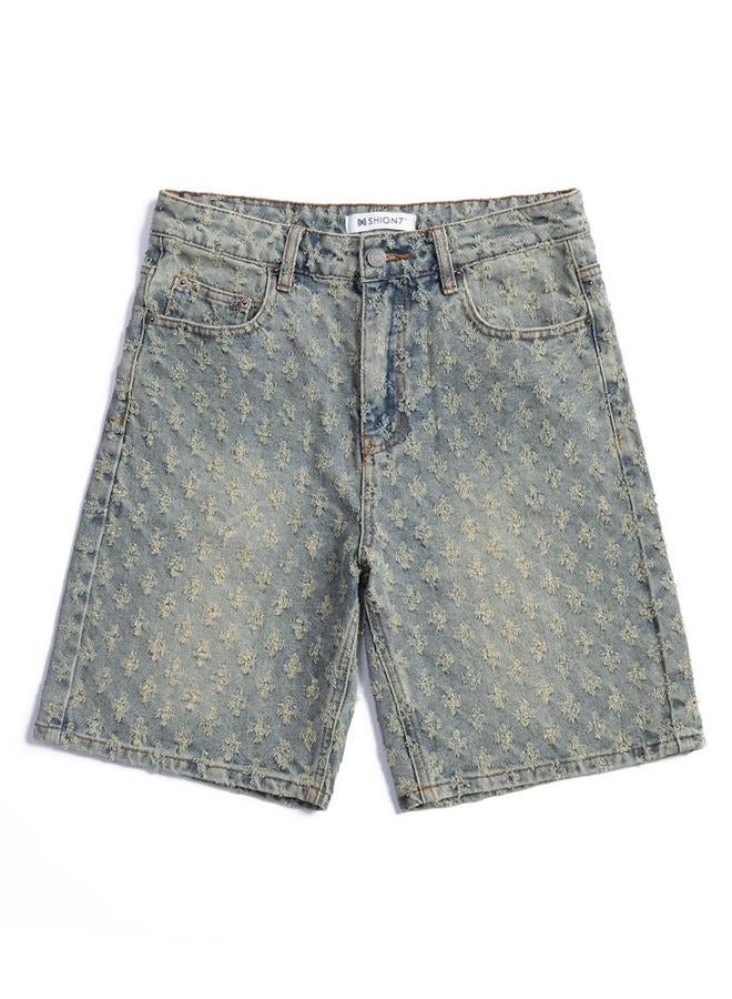 SHION7 Men's Denim Shorts, Relaxed Fit Knee Length Short Pants for Men, Ripped Baggy Half Pant, Streetwear Oversized Shorts, Vintage Blue, XL - Image 1