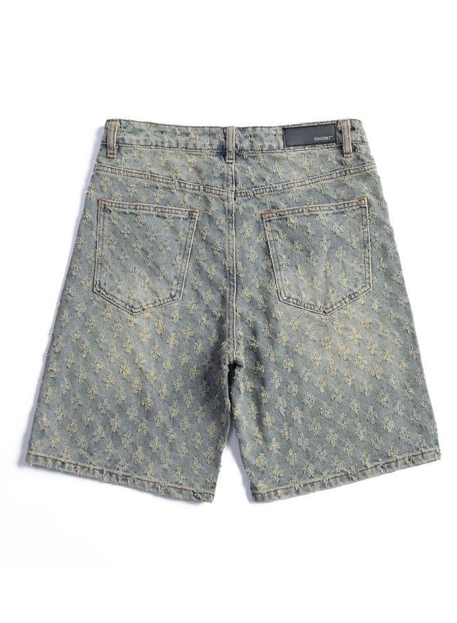 SHION7 Men's Denim Shorts, Relaxed Fit Knee Length Short Pants for Men, Ripped Baggy Half Pant, Streetwear Oversized Shorts, Vintage Blue, XL - Image 2