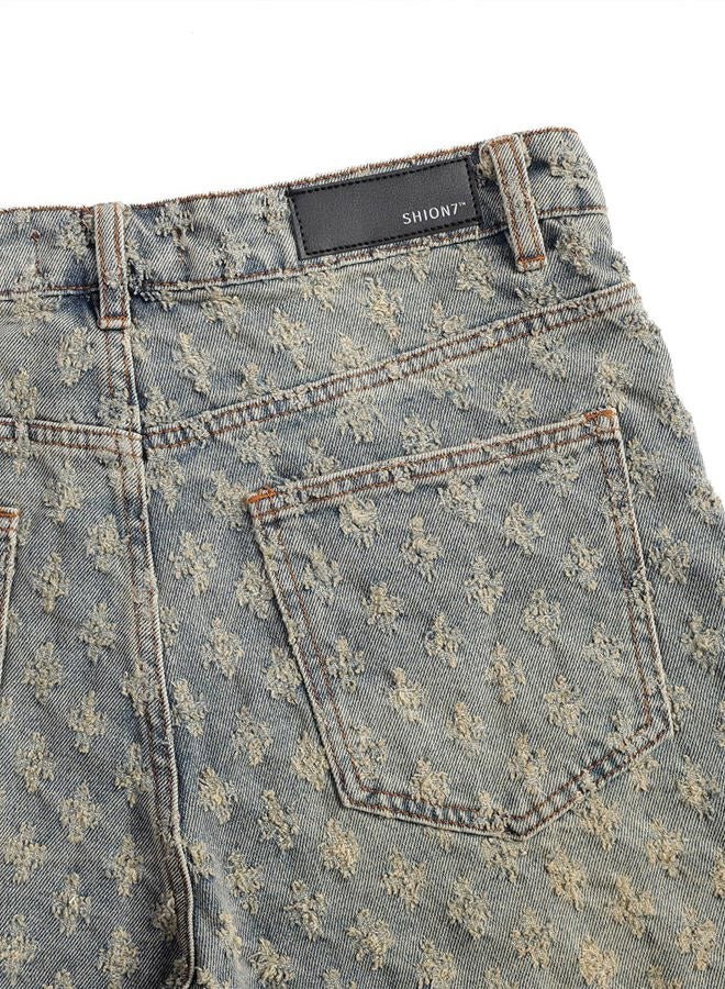 SHION7 Men's Denim Shorts, Relaxed Fit Knee Length Short Pants for Men, Ripped Baggy Half Pant, Streetwear Oversized Shorts, Vintage Blue, XL - Image 5
