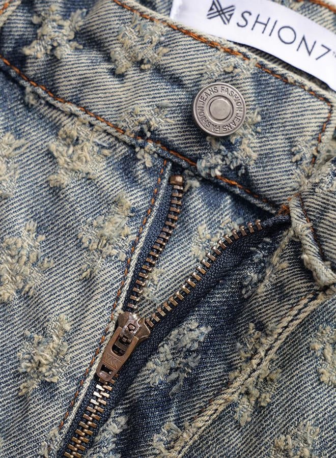 SHION7 Men's Denim Shorts, Relaxed Fit Knee Length Short Pants for Men, Ripped Baggy Half Pant, Streetwear Oversized Shorts, Vintage Blue, XL - Image 3