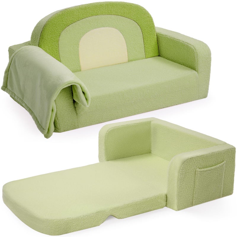 Foryoomi Extra Wide Kids Couch, 2-in-1 Soft Toddler Couch with Blanket, Comfy Toddler Chair, Convertible Sofa with Cute Rainbow Design, Green - Image 1