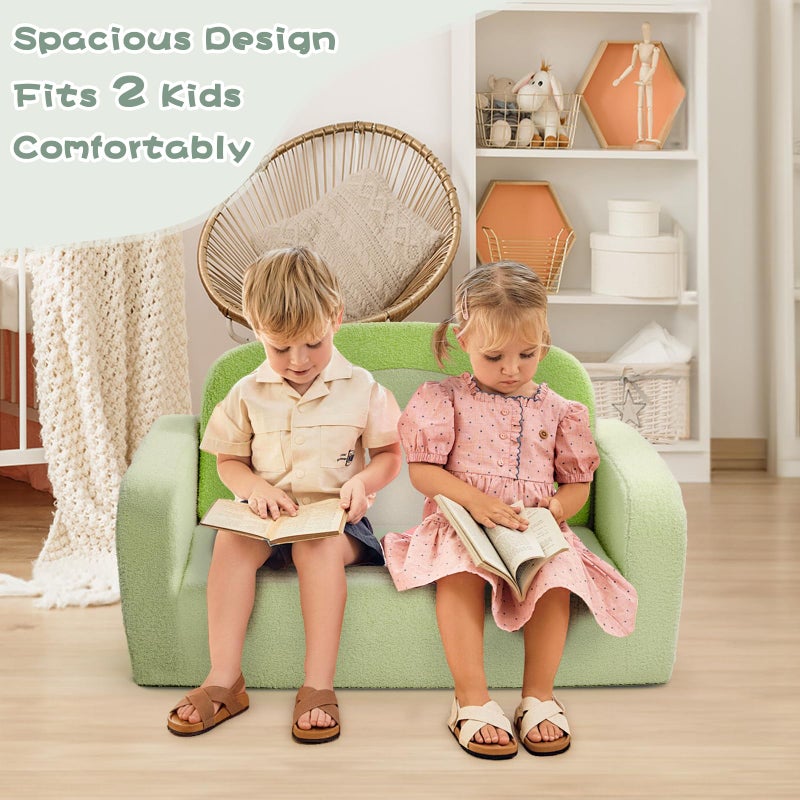 Foryoomi Extra Wide Kids Couch, 2-in-1 Soft Toddler Couch with Blanket, Comfy Toddler Chair, Convertible Sofa with Cute Rainbow Design, Green - Image 2