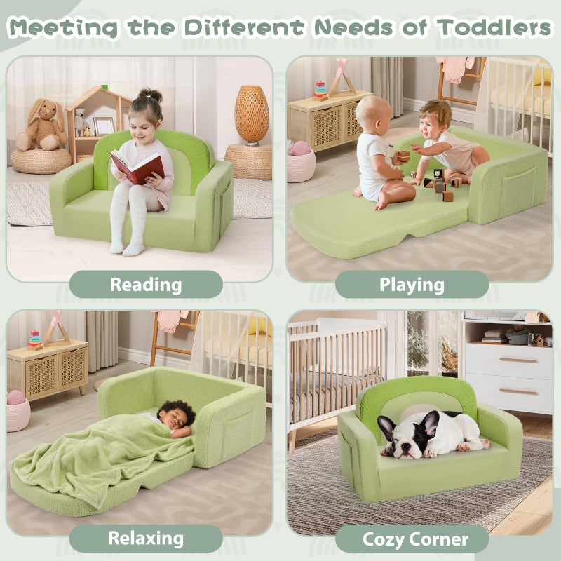 Foryoomi Extra Wide Kids Couch, 2-in-1 Soft Toddler Couch with Blanket, Comfy Toddler Chair, Convertible Sofa with Cute Rainbow Design, Green - Image 3