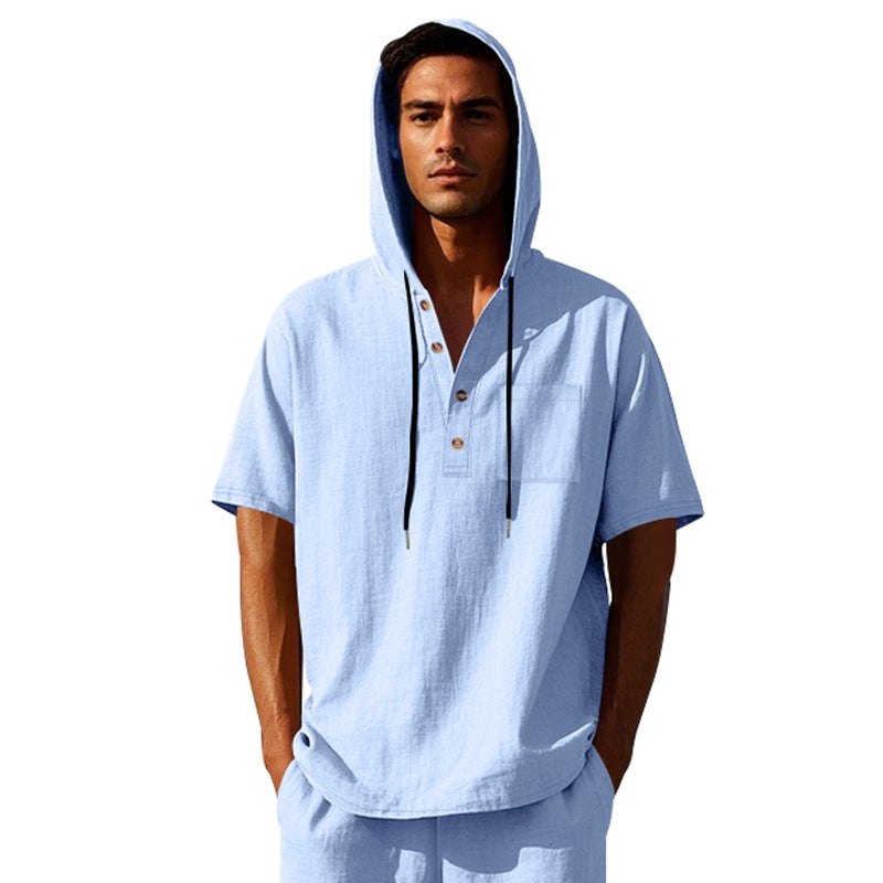 2025 Summer Linen Hooded Men''s Short Sleeve T-Shirt Cross-Border Casual Loose Pullover Henley Shirt - Image 1