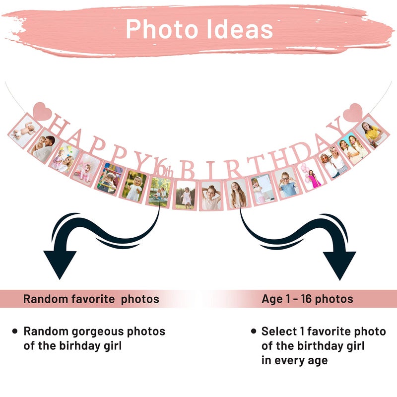PartyHooman Sweet 16 Birthday Decorations Photo Banner in Rose Gold Pre-assembled - Sweet 16 Banner WITH Sixteen Photo Card Frames Party Supplies - Happy 16th birthday decorations for girls with 16 Signs - Image 5