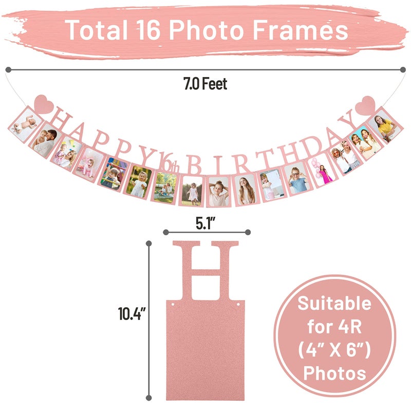 PartyHooman Sweet 16 Birthday Decorations Photo Banner in Rose Gold Pre-assembled - Sweet 16 Banner WITH Sixteen Photo Card Frames Party Supplies - Happy 16th birthday decorations for girls with 16 Signs - Image 4