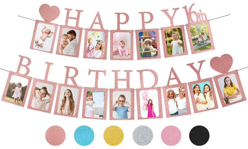 PartyHooman Sweet 16 Birthday Decorations Photo Banner in Rose Gold Pre-assembled - Sweet 16 Banner WITH Sixteen Photo Card Frames Party Supplies - Happy 16th birthday decorations for girls with 16 Signs - Image 1