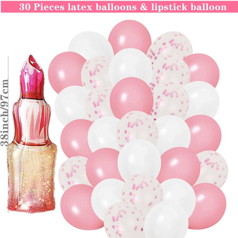 DUFACAI 46 Pieces Spa Party Decorations Balloons Spa Theme Birthday Party Supplies Lipstick Cosmetics Balloons Foil Fringe Curtains for Girls Spa Day Makeup Party (Light Pink) - Image 3
