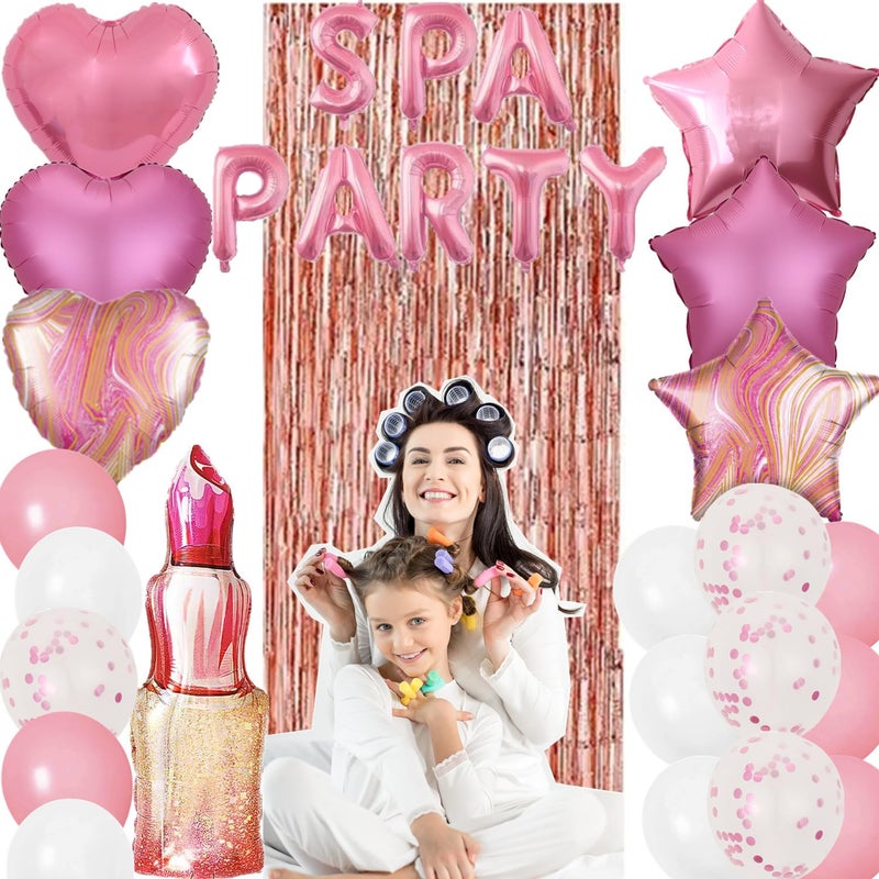 DUFACAI 46 Pieces Spa Party Decorations Balloons Spa Theme Birthday Party Supplies Lipstick Cosmetics Balloons Foil Fringe Curtains for Girls Spa Day Makeup Party (Light Pink) - Image 5