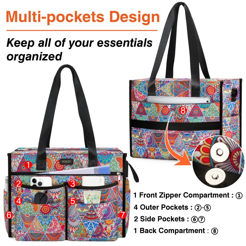 ITIEZY Utility Tote Bag for Women with 18 Pockets - Large Teacher Tote Bag with Zipper Compartment 2 Pcs Everything Bag Nurse Bags for Work, Travel - Image 4