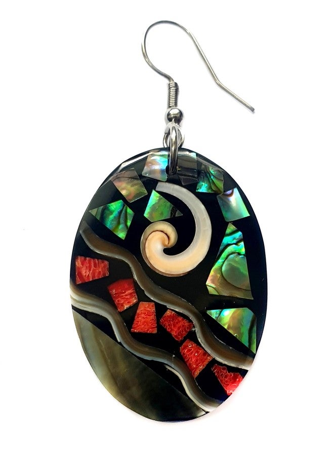 Swimmi Oval Paua Abalone, Red Coral & Mother of Pearl Earrings, Dangle Drop Seashell Fashion Jewelry DA117 - Image 3