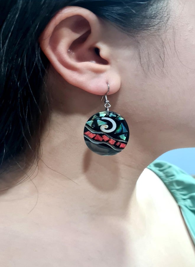 Swimmi Oval Paua Abalone, Red Coral & Mother of Pearl Earrings, Dangle Drop Seashell Fashion Jewelry DA117 - Image 5