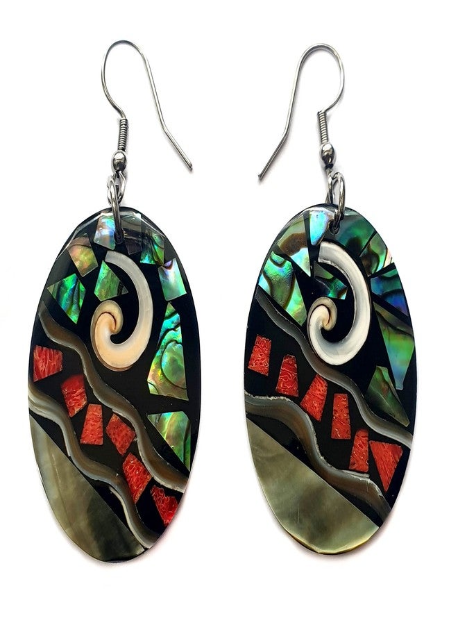 Swimmi Oval Paua Abalone, Red Coral & Mother of Pearl Earrings, Dangle Drop Seashell Fashion Jewelry DA117 - Image 1