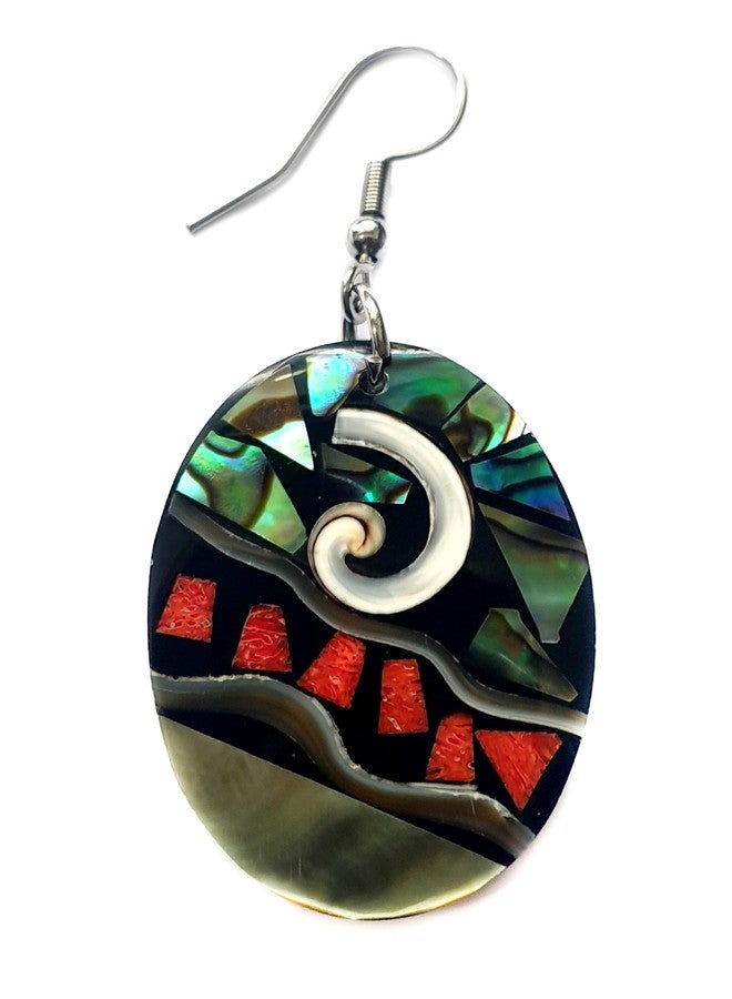 Swimmi Oval Paua Abalone, Red Coral & Mother of Pearl Earrings, Dangle Drop Seashell Fashion Jewelry DA117 - Image 4