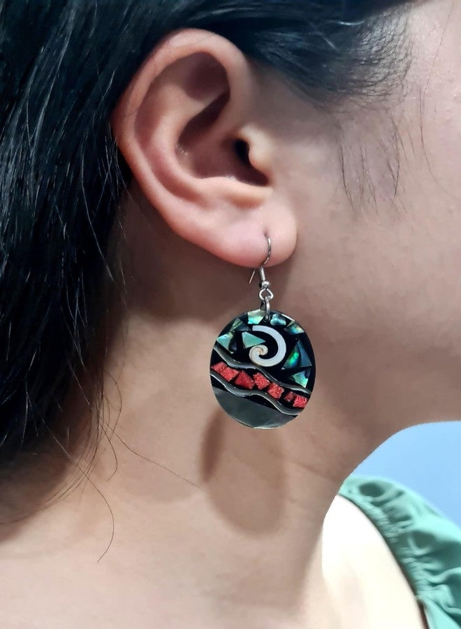 Swimmi Oval Paua Abalone, Red Coral & Mother of Pearl Earrings, Dangle Drop Seashell Fashion Jewelry DA117 - Image 2