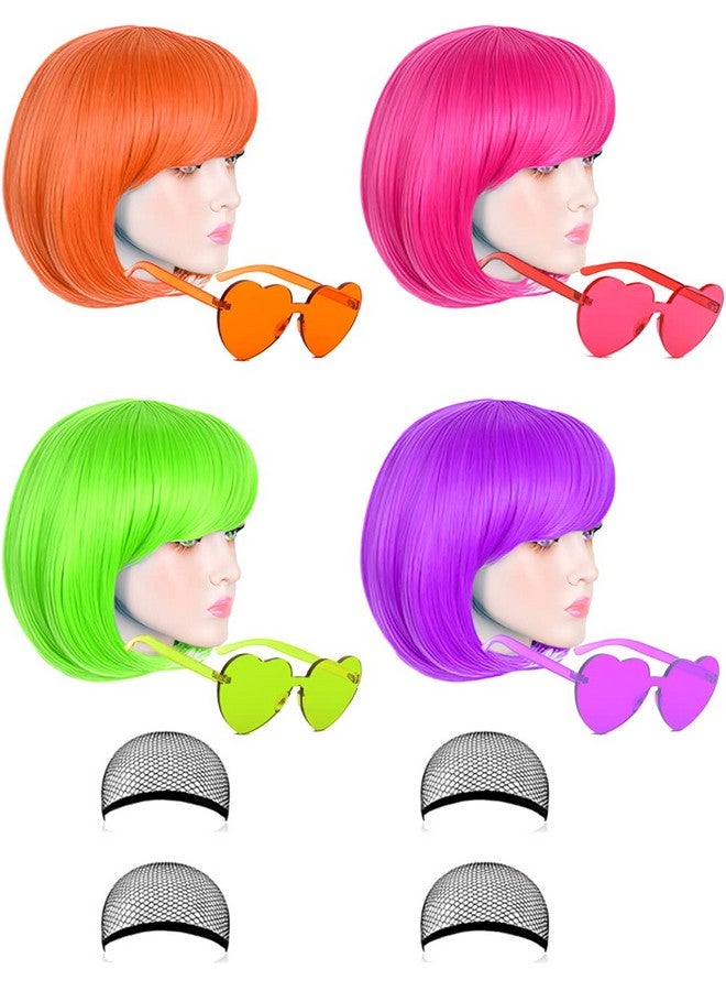 لوهو ماجيكا مجموعة من 4 باروكات ملونة، باروكات ملونة رائعة، باروكات قصيرة بشعر بوب، باروكات حفلات نيون، باروكات تنكرية مع نظارات شمسية بدون إطار على شكل قلب - مقاس واحد يناسب جميع النساء والأطفال والبالغين في حفلات الهالوين والنوادي الليلية - Image 1