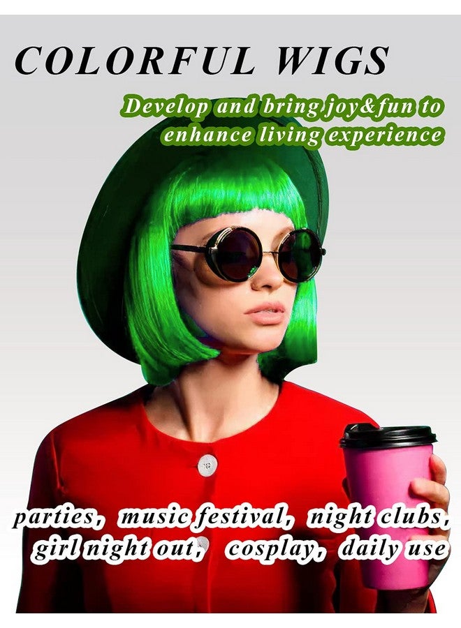 لوهو ماجيكا مجموعة من 4 باروكات ملونة، باروكات ملونة رائعة، باروكات قصيرة بشعر بوب، باروكات حفلات نيون، باروكات تنكرية مع نظارات شمسية بدون إطار على شكل قلب - مقاس واحد يناسب جميع النساء والأطفال والبالغين في حفلات الهالوين والنوادي الليلية - Image 2