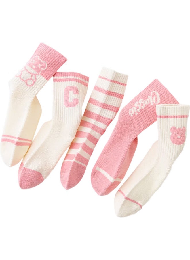 yimian Children'S Mid-Calf Socks For Spring And Autumn [Combed Cotton Antibacterial] Girls' Socks For Older Children, Students, And Toddlers 5 Pairs - Image 2