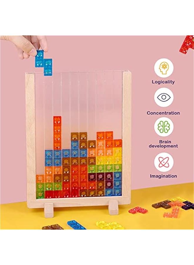 Wooden Blocks Puzzle Brain Teasers Toy, Intelligent Colorful 3D Plastic Blocks Game with Vertical Wood Frame Game Board, Tangram Educational Montessori Toys Gift for Kids Age 4-8 Years Old - Image 2