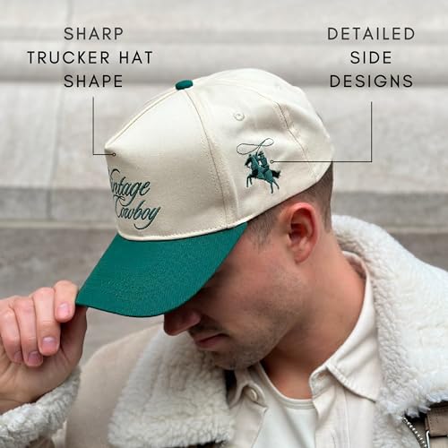 CITRUSY Vintage Western Trucker Hat | Men & Women | Embroidered Trendy Caps | Country Cute Hats for Cowgirls & Cowboys | Camo Denim Cotton Styles | Snapback Hat (Vintage Cowboy | Green) - Image 5