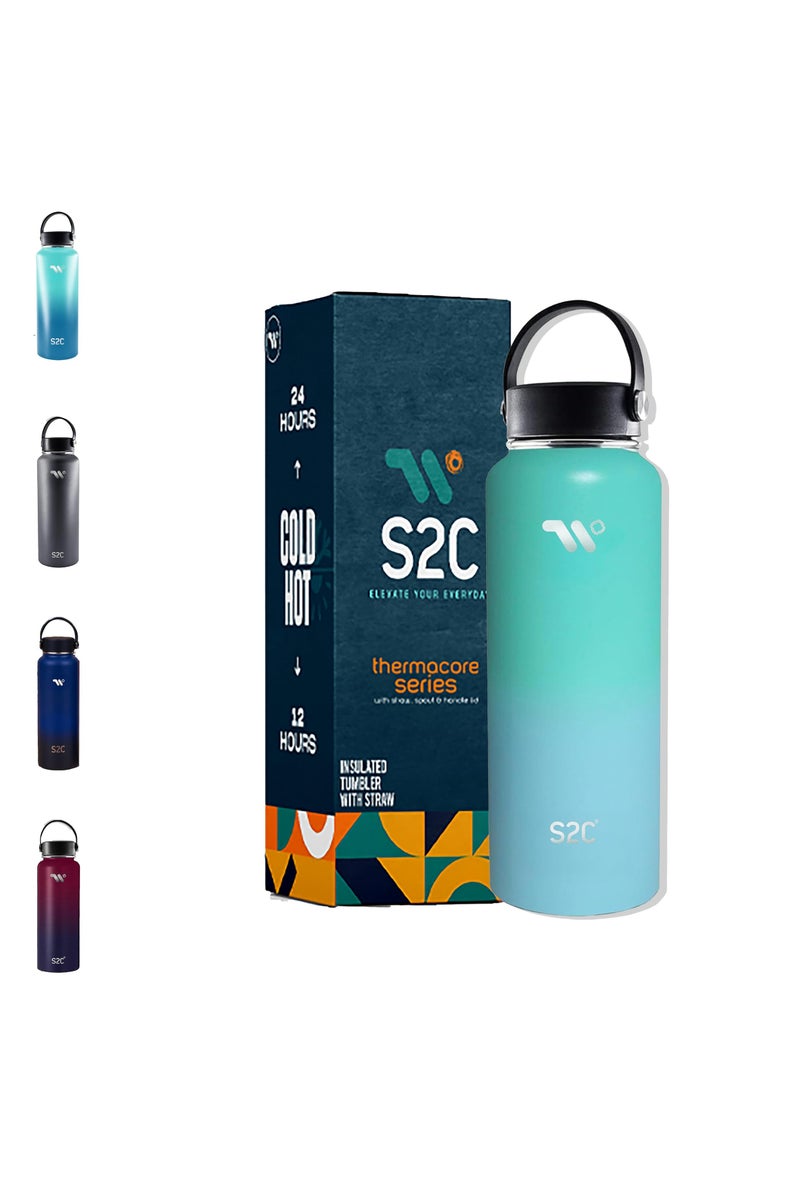 S2C 1200Ml Insulated Water Bottle With 3 Lids, Double Wall,Leak Proof, Stainless Steel Water Bottle With Straw Water Bottle For Gym, Water Bottle Thermos Flask For Hot Water Bottle (Sea Green) - Image 1