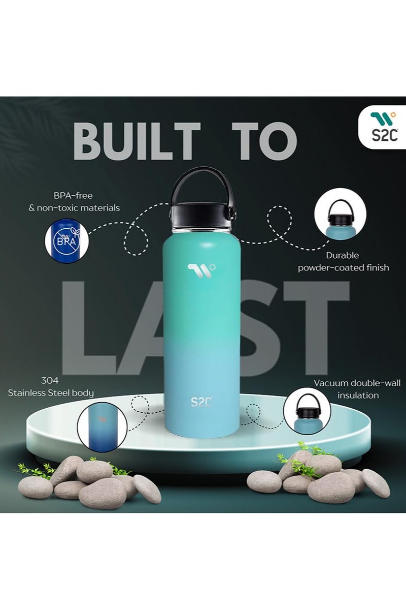 S2C 1200Ml Insulated Water Bottle With 3 Lids, Double Wall,Leak Proof, Stainless Steel Water Bottle With Straw Water Bottle For Gym, Water Bottle Thermos Flask For Hot Water Bottle (Sea Green) - Image 2