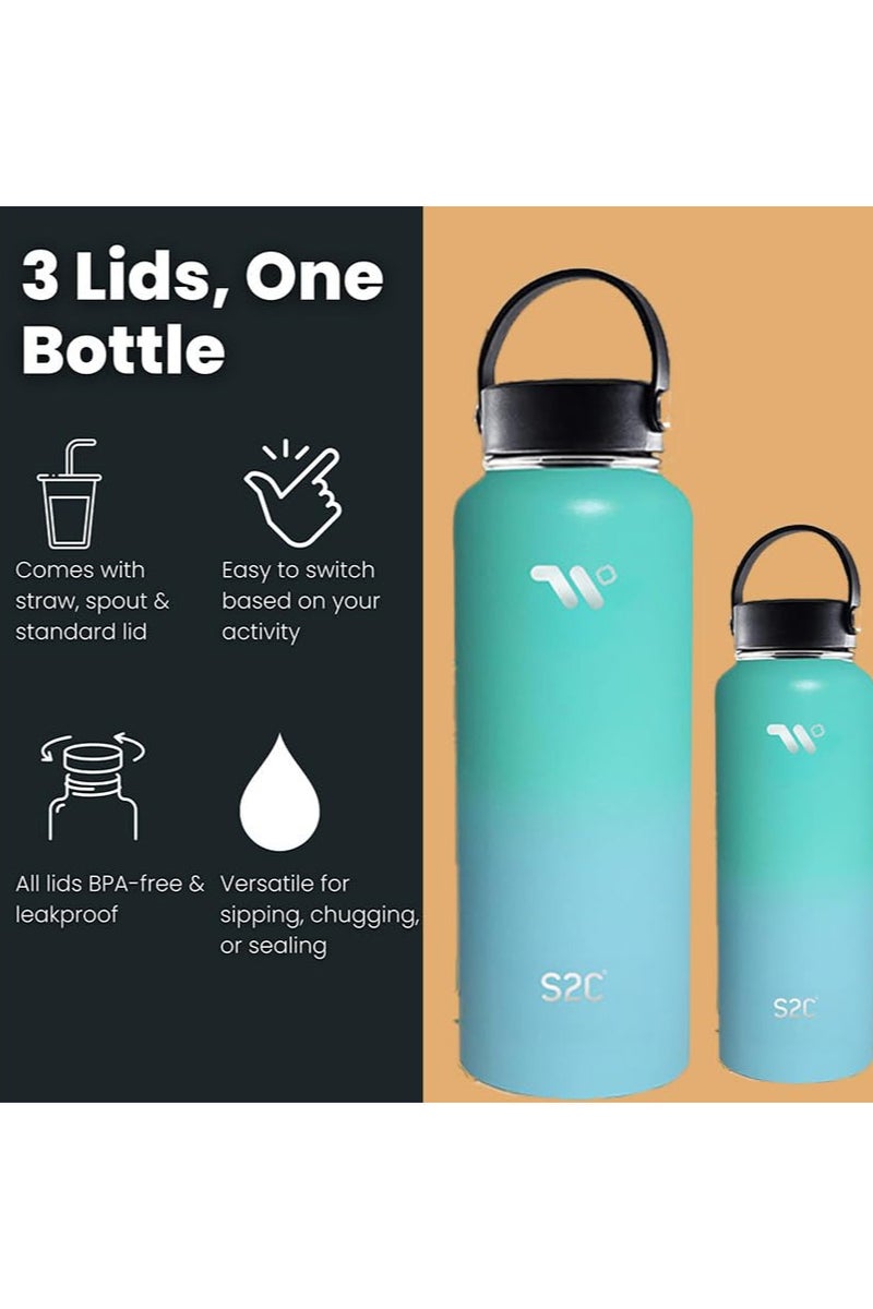 S2C 1200Ml Insulated Water Bottle With 3 Lids, Double Wall,Leak Proof, Stainless Steel Water Bottle With Straw Water Bottle For Gym, Water Bottle Thermos Flask For Hot Water Bottle (Sea Green) - Image 3