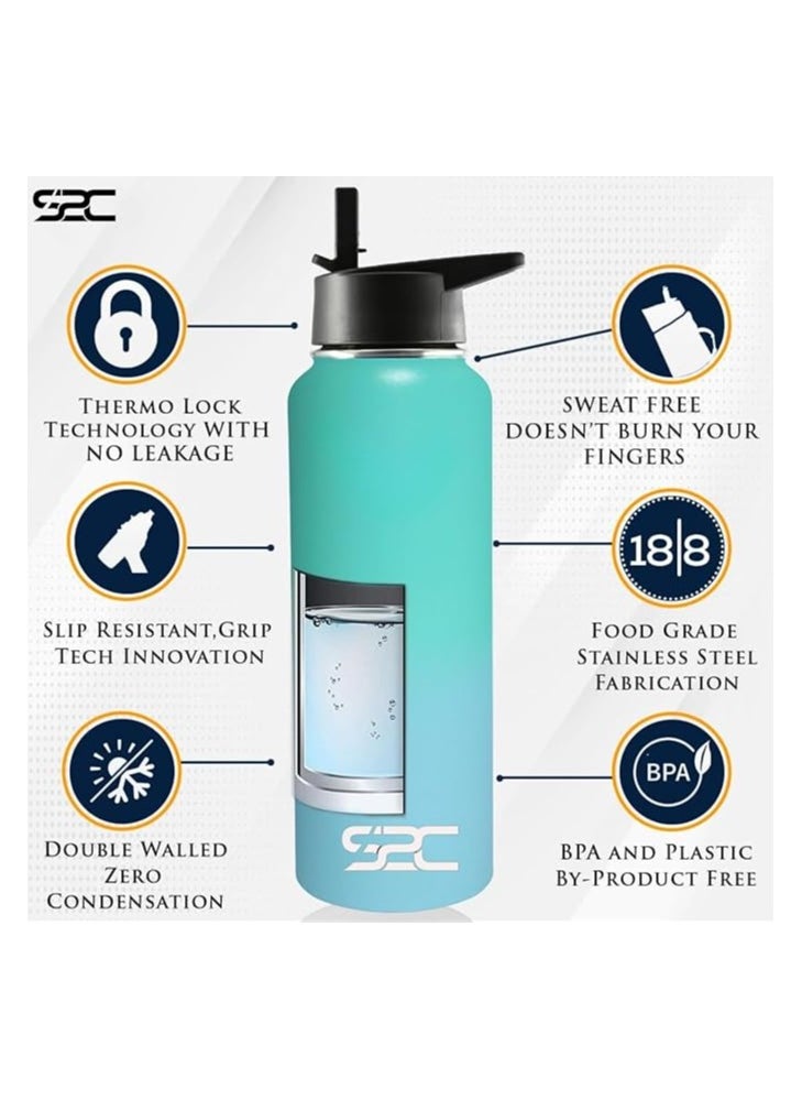S2C 1200Ml Insulated Water Bottle With 3 Lids, Double Wall,Leak Proof, Stainless Steel Water Bottle With Straw Water Bottle For Gym, Water Bottle Thermos Flask For Hot Water Bottle (Sea Green)  - Image 2