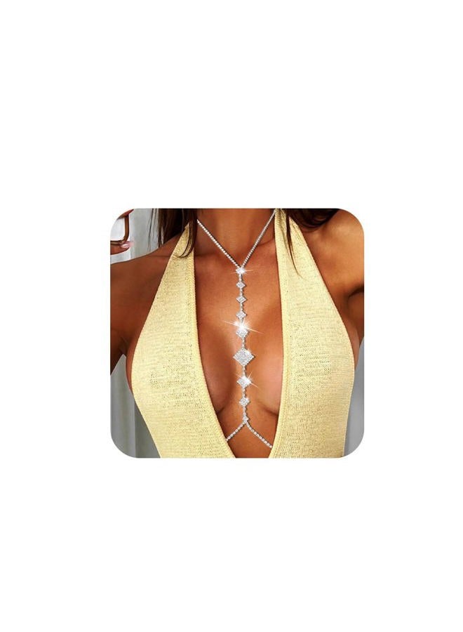 Bounzhi Rhinestone Body Chain Bra Crystal Body Jewelry Boho Bikini Body Necklace Crossover for Women(D) - Image 1