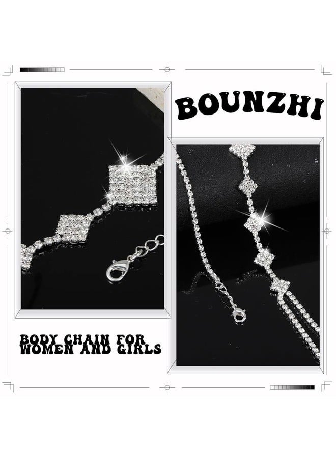Bounzhi Rhinestone Body Chain Bra Crystal Body Jewelry Boho Bikini Body Necklace Crossover for Women(D) - Image 2
