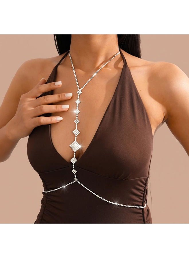 Bounzhi Rhinestone Body Chain Bra Crystal Body Jewelry Boho Bikini Body Necklace Crossover for Women(D) - Image 3