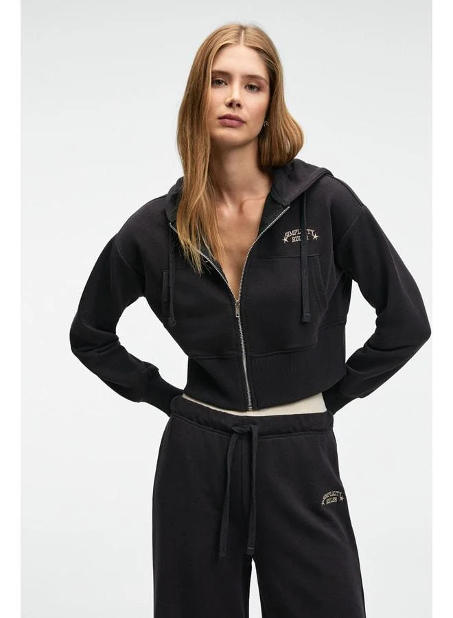 GRIMELANGE ELARA Women's Metal Zipper Embroidered Hooded Crop Anthracite Sweatshirt.