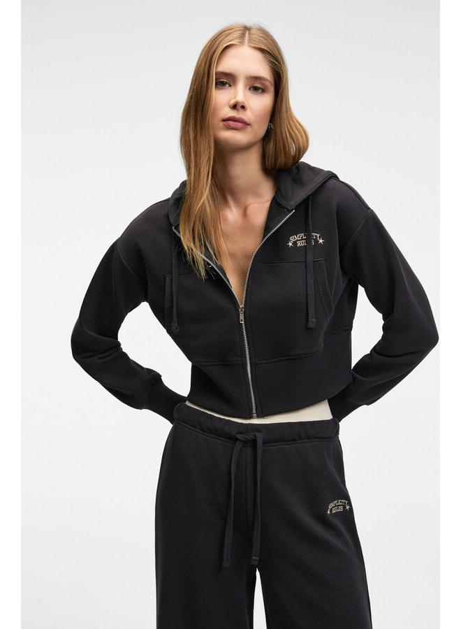 GRIMELANGE ELARA Women's Metal Zipper Embroidered Hooded Crop Anthracite Sweatshirt. - Image 2