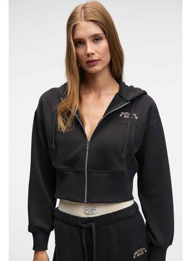 GRIMELANGE ELARA Women's Metal Zipper Embroidered Hooded Crop Anthracite Sweatshirt. - Image 1