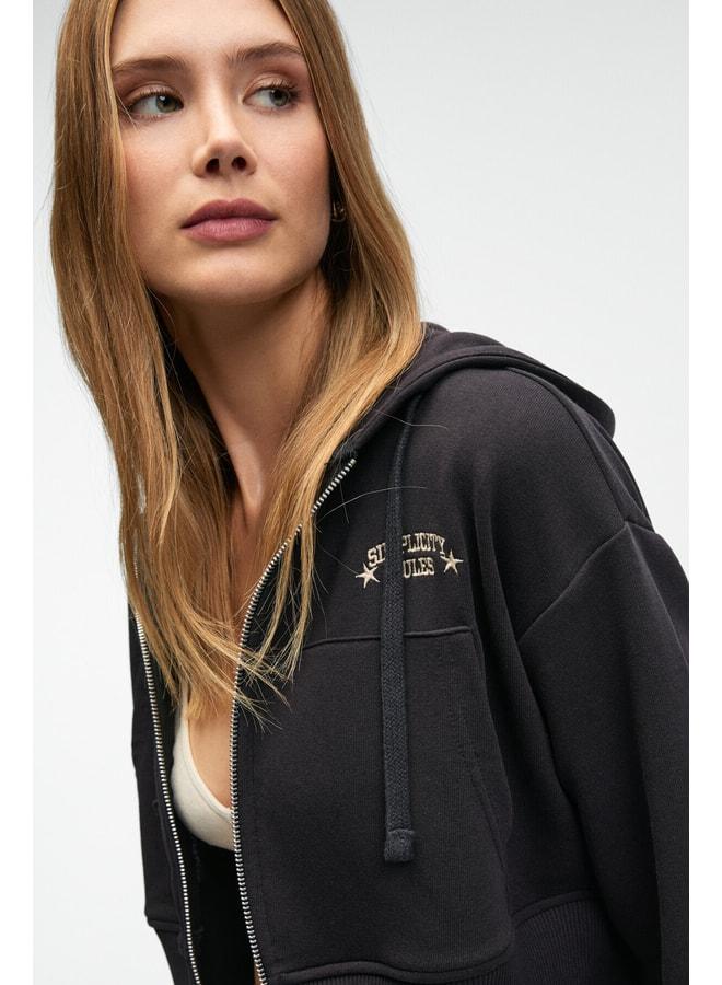 GRIMELANGE ELARA Women's Metal Zipper Embroidered Hooded Crop Anthracite Sweatshirt. - Image 3