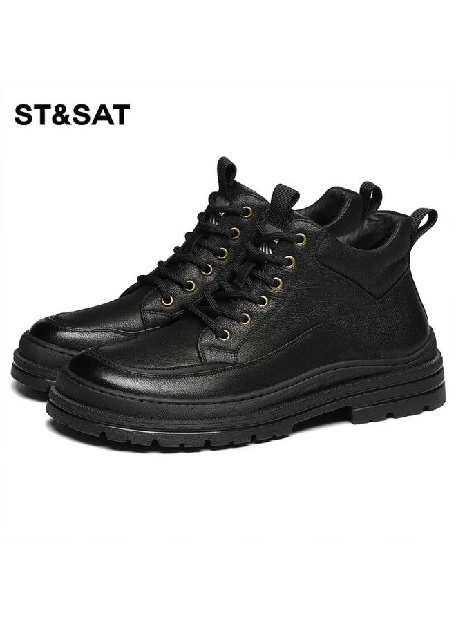 St&Sat Saay Men's First Layer Cowhide Classic Sneakers Casual Simple Black Size 43 - Image 4