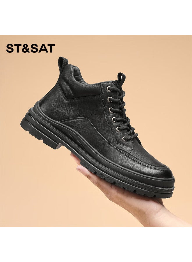 St&Sat Saay Men's First Layer Cowhide Classic Sneakers Casual Simple Black Size 43 - Image 2