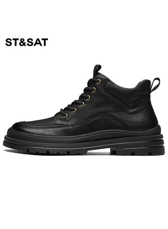 St&Sat Saay Men's First Layer Cowhide Classic Sneakers Casual Simple Black Size 43 - Image 5