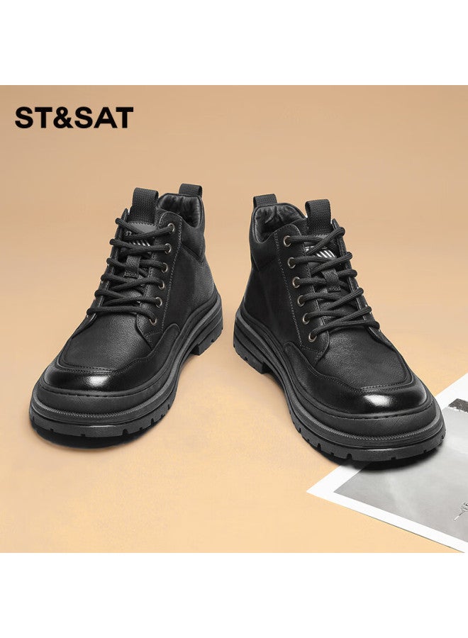 St&Sat Saay Men's First Layer Cowhide Classic Sneakers Casual Simple Black Size 43 - Image 3