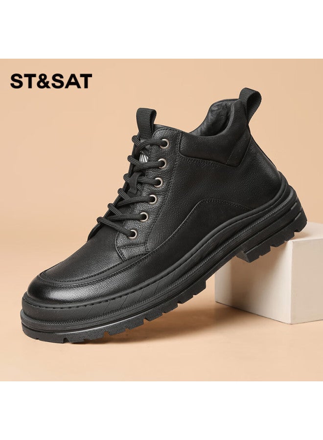 St&Sat Saay Men's First Layer Cowhide Classic Sneakers Casual Simple Black Size 43 - Image 1