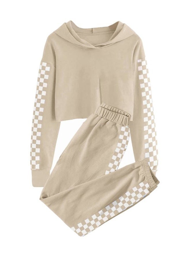 Meikulo Crop Tops for Teen Girls Hoodies Two Piece Outfits Tracksuit Activewear Kids Cute Long Sleeve Sweatshirts Sweatpants Beige, 13-14 Years - Image 1