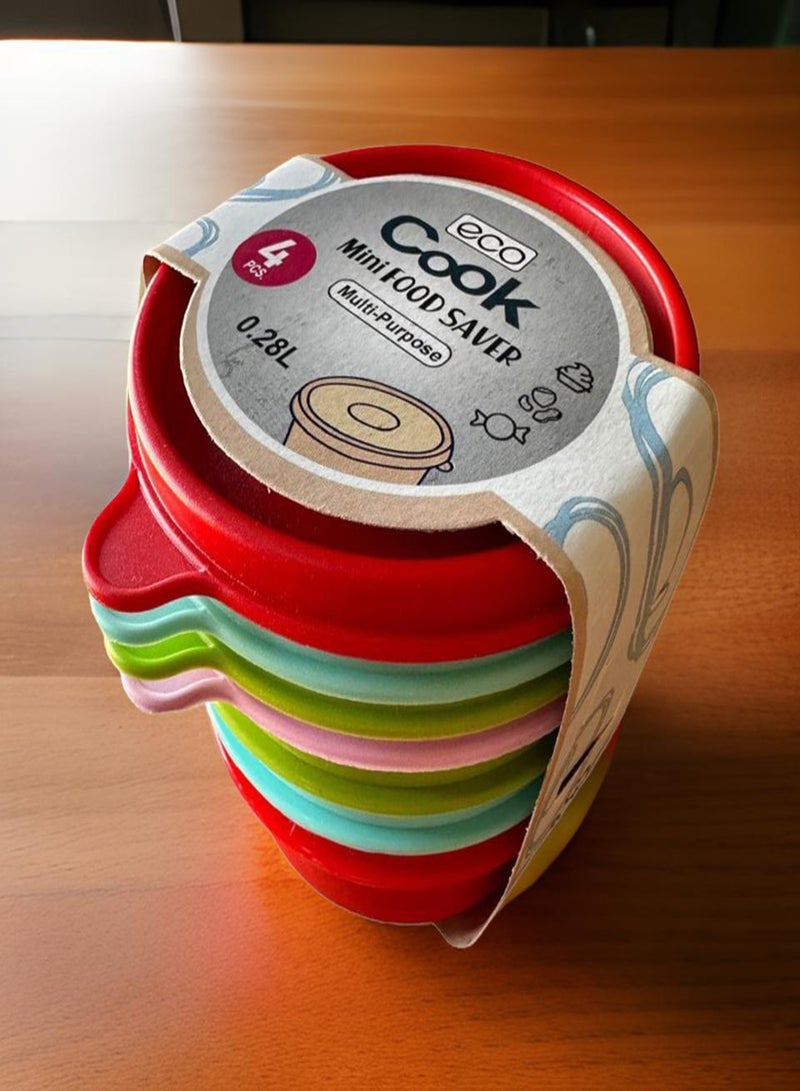 إيكو بلاست طقم علب حفظ طعام بلاستيك ميني بغطاء محكم متعدد الاغراض - طقم من 4 قطع - متعدد الالوان - 0.28  لتر - Image 1