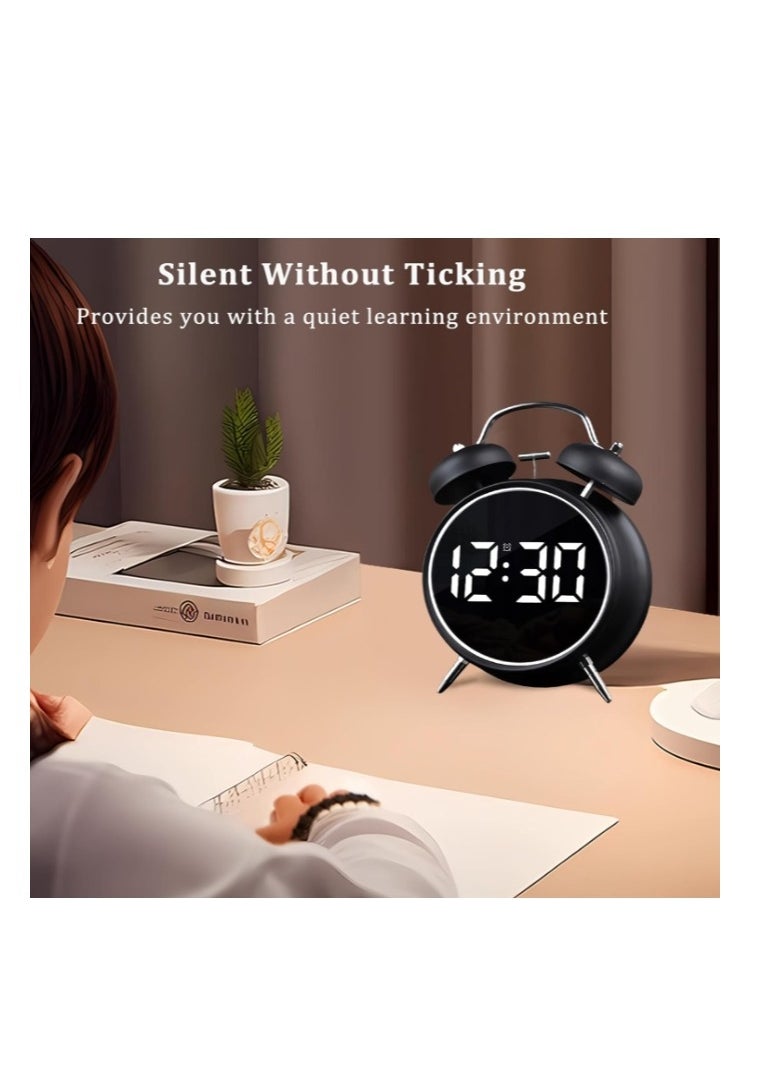 Generic - Twin Bell Alarm Clock, LED Display Digital Clock with Night Light, USB RechargeableBattery Operated Loud Bell Metal Alarm Clock for Office Bedroom Black - Image 1